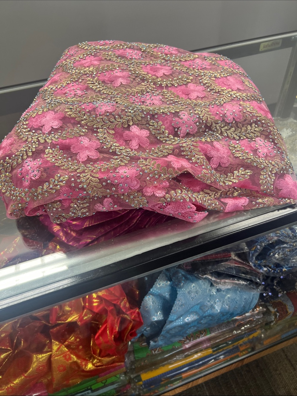 Embellished Pink Floral Saree/Scarf with Gold Accents